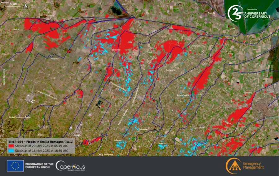 Mappa satellitare delle aree allagate in Emilia-Romagna dopo l’alluvione del maggio 2023