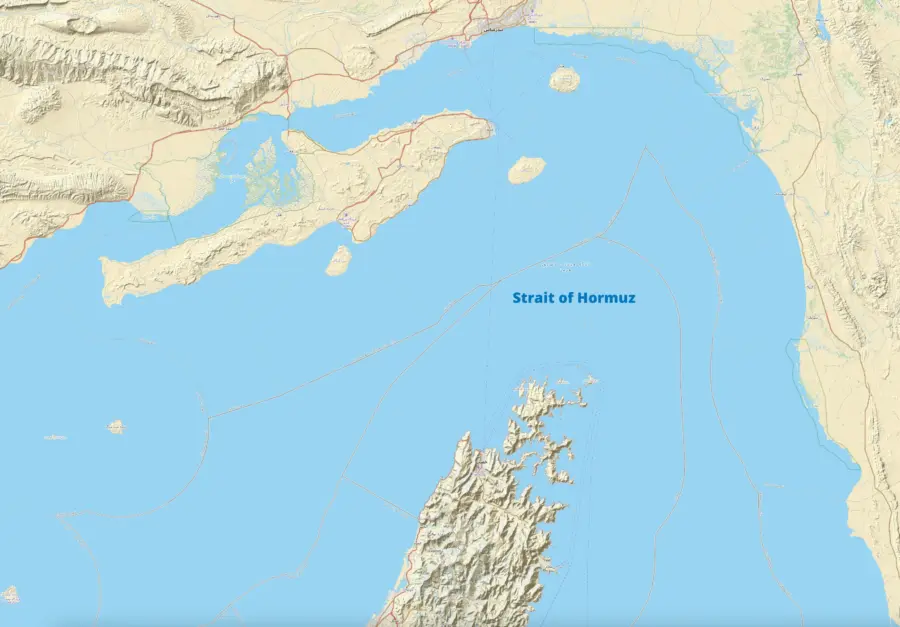 Mappa dello Stretto di Hormuz tra Iran, Oman ed Emirati