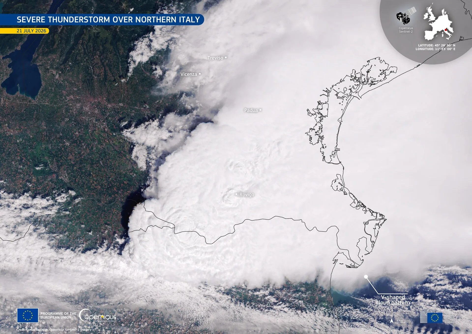 Immagine satellitare di un temporale sulla Pianura Padana il 21 luglio 2026