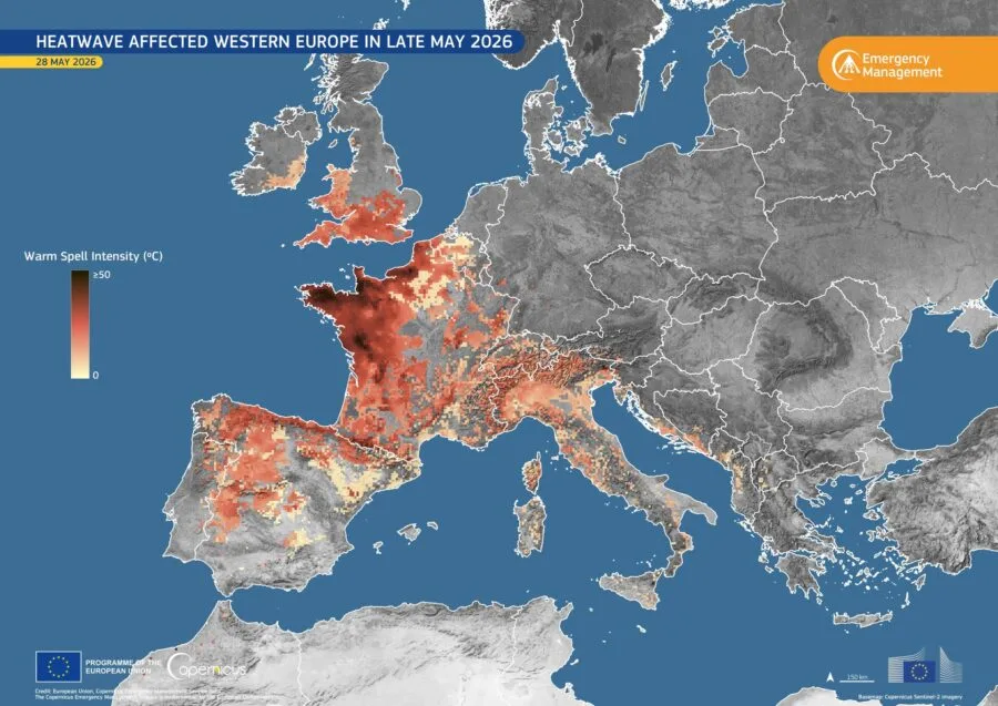Mappa Copernicus dell’intensità del caldo in Europa occidentale alla fine di maggio 2026
