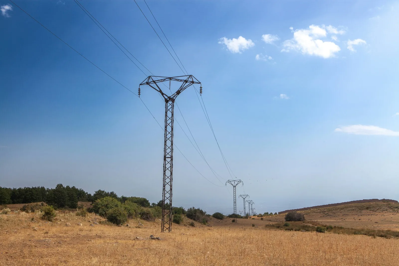 Tralicci e linee elettriche attraversano un terreno erboso sotto un cielo azzurro