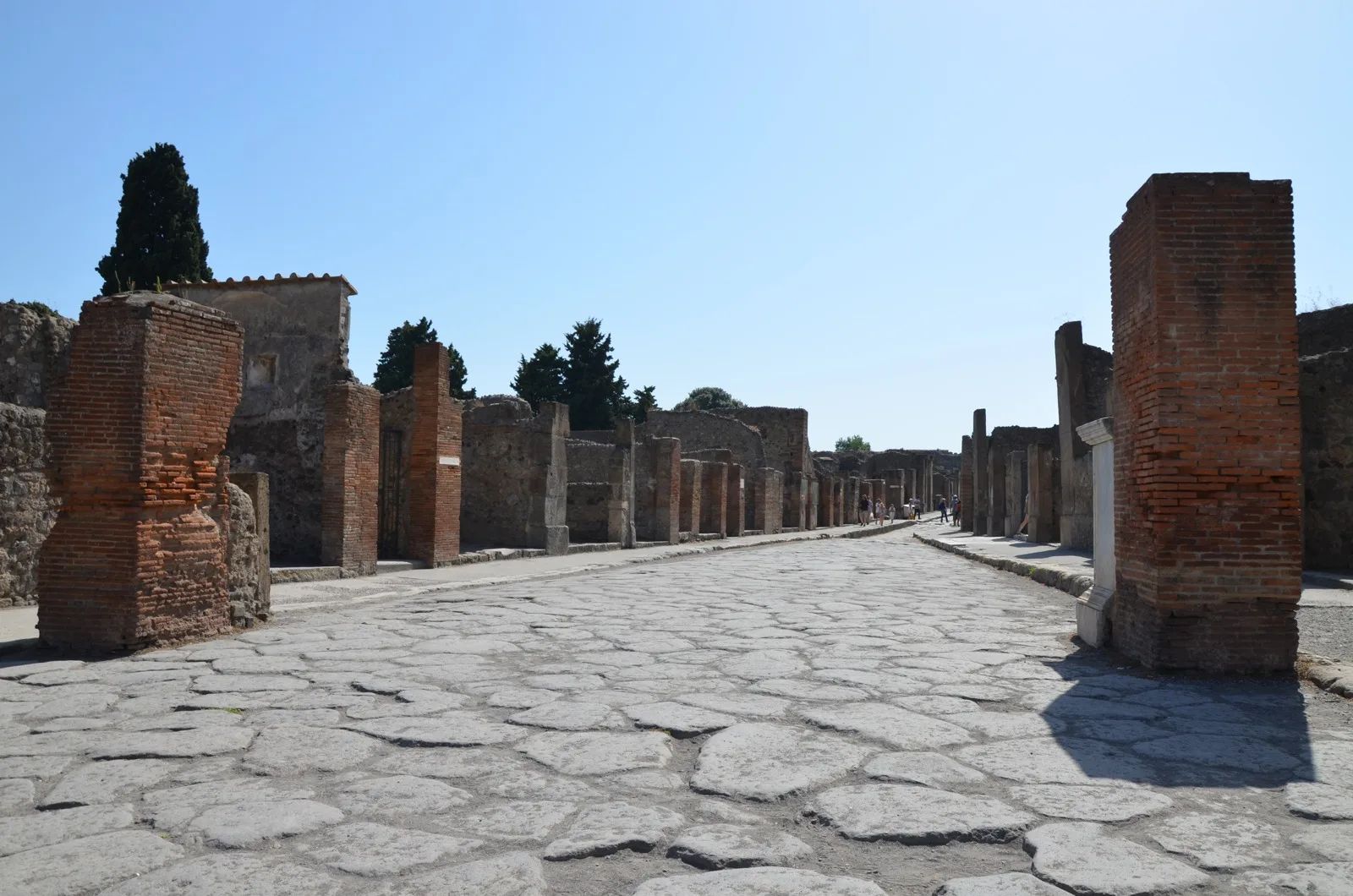 Strada lastricata e resti di edifici nel sito archeologico di Pompei