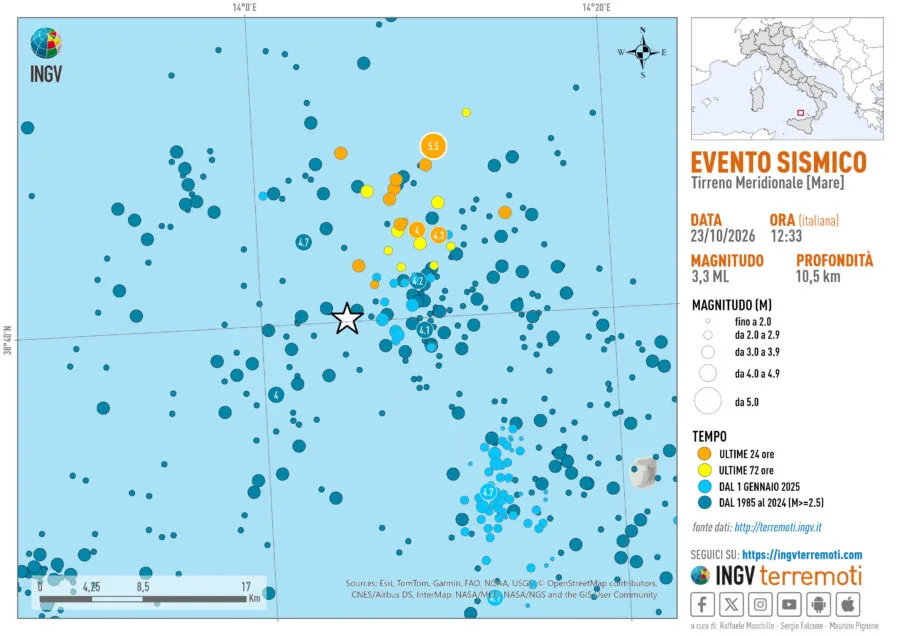 Mappa INGV della sequenza sismica nel Tirreno meridionale con epicentri e magnitudo al largo delle Eolie