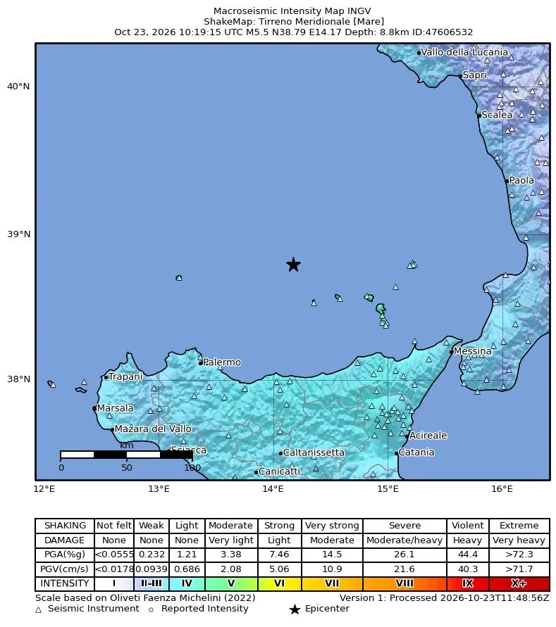 ShakeMap INGV del terremoto Mw 5.5 del 23 ottobre 2026 nel Tirreno meridionale