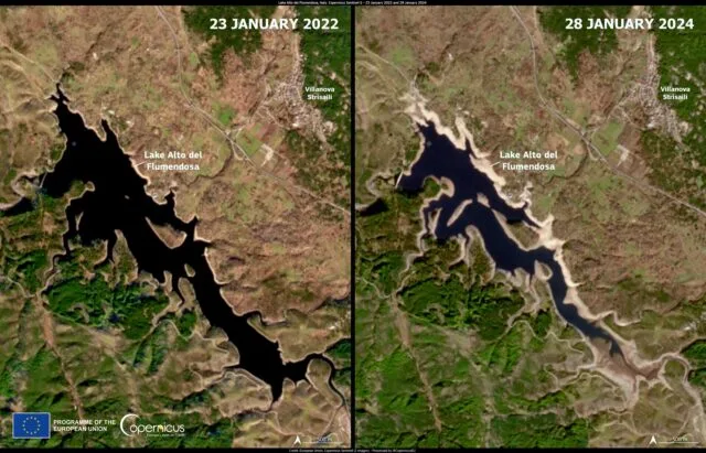 Siccità in Sardegna, confronto satellitare del lago Alto del Flumendosa