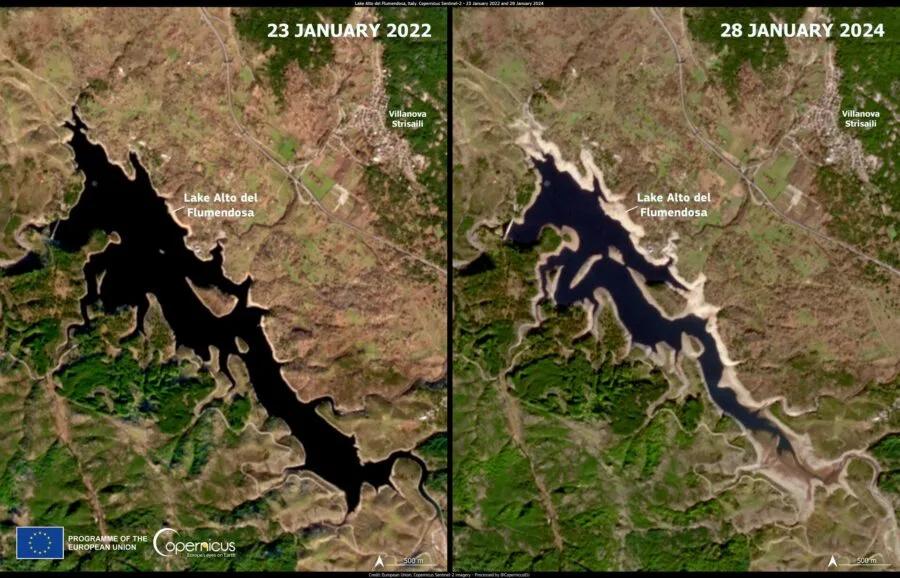 Immagini satellitari mostrano il calo dell’acqua nel lago Alto del Flumendosa in Sardegna